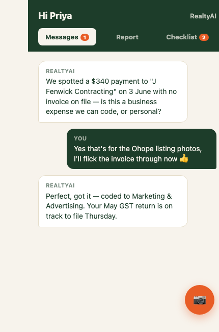 The client-facing PWA — receipt capture, monthly report, and query messaging in one app