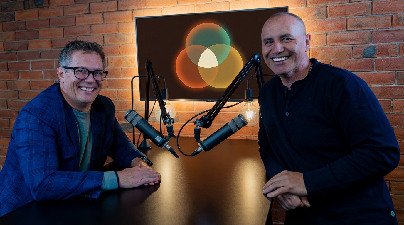 Ed Hayes and Tim McKendry in the studio, a workshop session on screen behind them